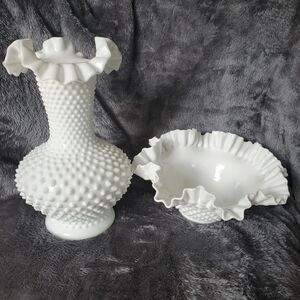 Fenton Glass Hobnob Milkglass Vase with Sticker and Ruffle Bowl Bundle